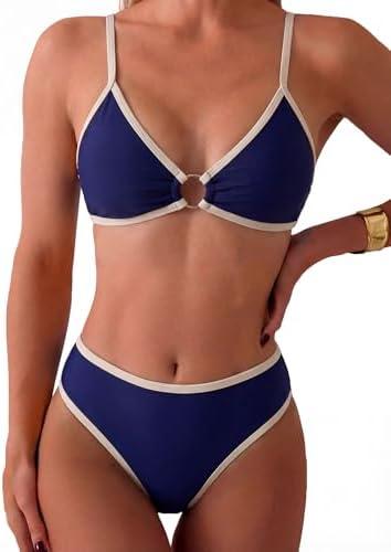 Tainehs Women's Two Piece Bikini Sets O Ring Front Top Ditsy Floral Triangle Swimsuits Cheeky Bathing Suit Size XL