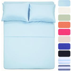 Best Season 4 Piece Bed Sheet Set (Queen,Baby Blue) 1 Flat Sheet,1 Fitted Sheet and 2 Pillow Cases,Brushed Microfiber Luxury Bedding with Deep Pockets