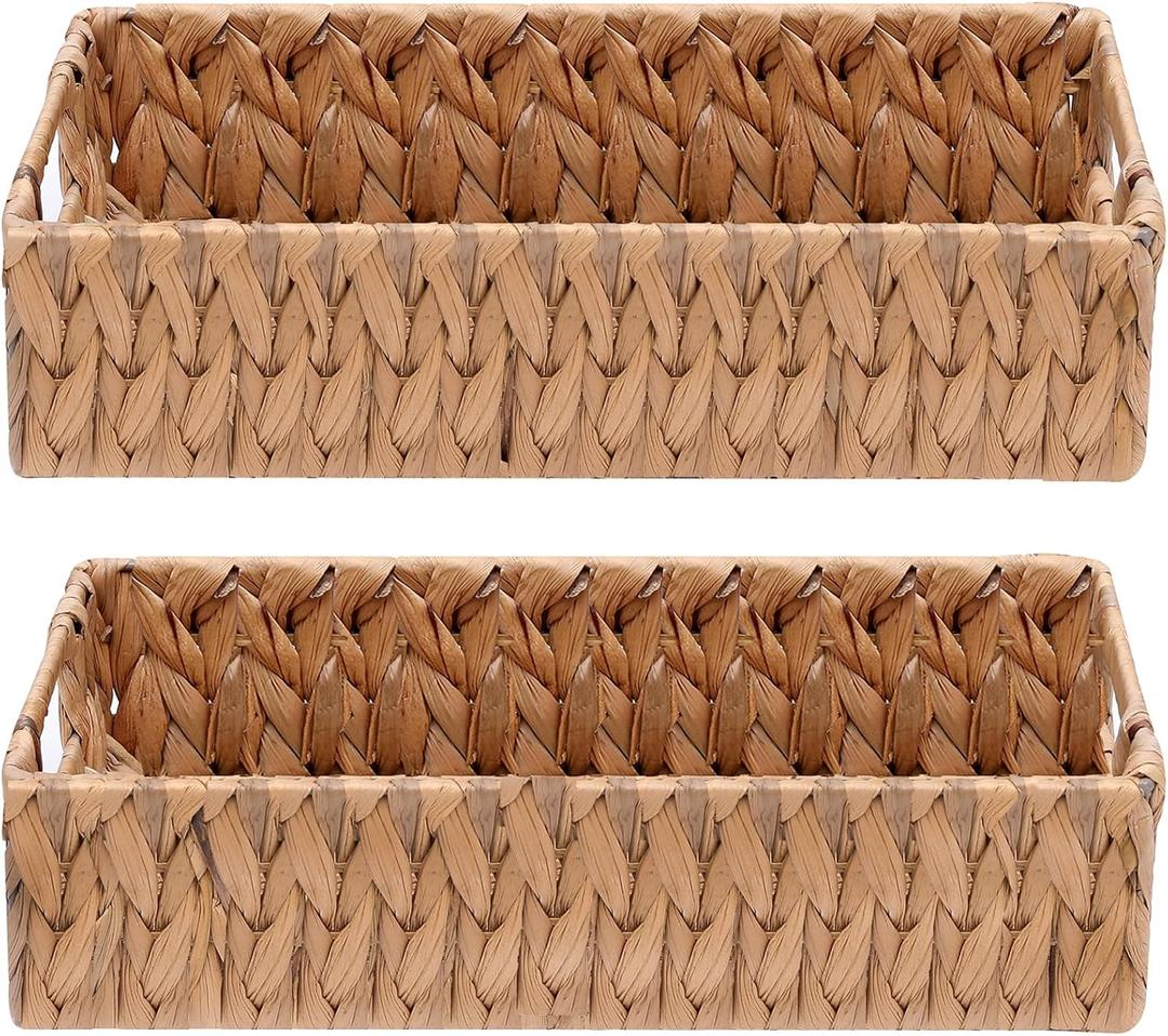 Wicker Storage Basket Water Hyacinth Baskets Pantry Storage Baskets,Wicker Open Storage Bins for Shelves,Handwoven Baskets for Bathroom,Decorative Basket with Handles,Set of 2 Pcs