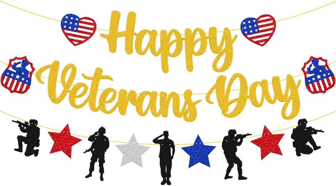 2 x Happy Veterans Day Banner Thank You Veterans Theme Party Decorations America Patriotic Military Army Soldier Heroes Theme Veterans Day Party Supplies Glitter Gold