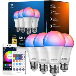 Smart Light Bulbs 4Pack with Remote, A19 E26 800LM LED Color Changing Light Bulb, WiFi & Bluetooth 5.0, Warm to Cool White, Dimmable, RGB Smart Home Lighting Work with Alexa Google Assistant