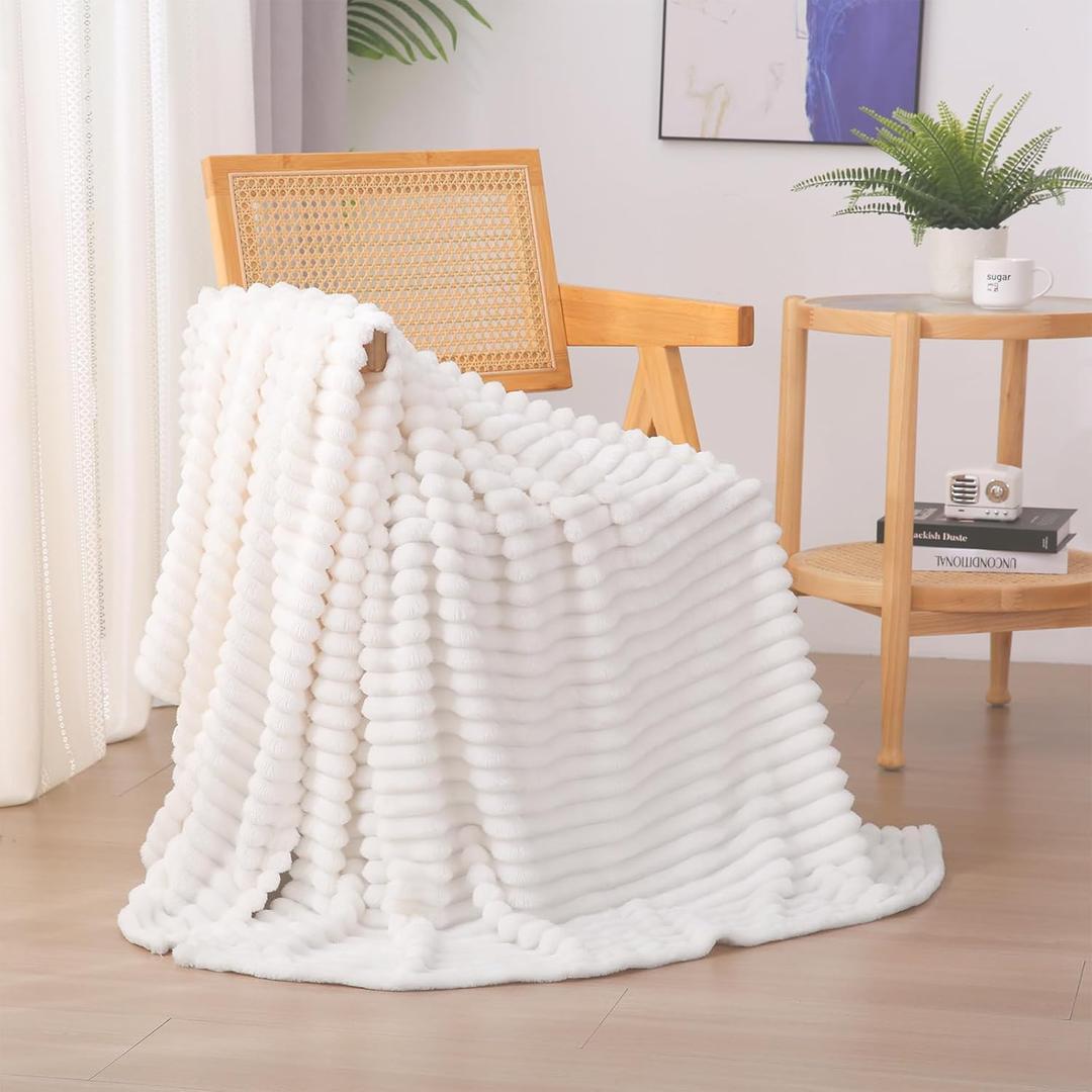 Cream White Fleece Throw Blanket 5060 for Couch Sofa Bed,Super Soft Cozy Plush Microfiber Flannel Blanket with Stripes Design Lightweight for Adults,Woman,Girls