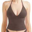 SUUKSESS Women Double Lined Halter Tank Top Summer Padded Deep V Neck Going Out Tops Sleeveless Basic Shirts (Brown, Large)
