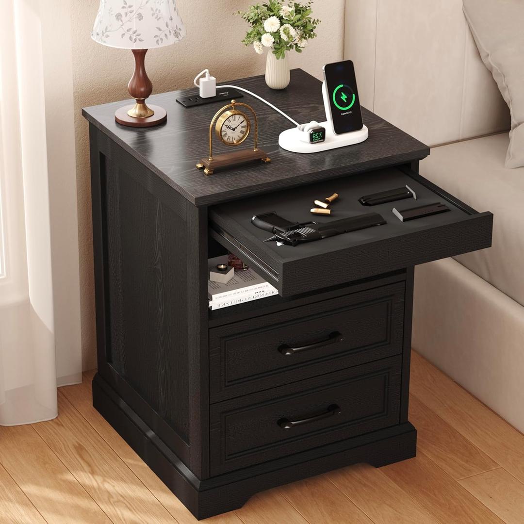 Yusong Farmhouse Night Stand with Gun Drawer & Invisible Lock, 25" Tall Bedside Table with Charging Station, End Table with Open Shelf for Bedroom Room (Black)