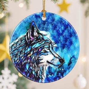 Ceramic-Style Christmas Tree Decorations, Christmas Ornaments, Double-Sided Printed Ornament Keepsakes, Holiday Decor. Xmas Gifts, Gifts for Wolf Lovers - Wolf-Themed