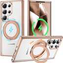 Compatible with Clear Samsung Galaxy S24 Ultra Case with 360 Invisible Magnetic Ring Stand [Compatible with Mag-Safe] Shockproof Plating Phone Case for S24 Ultra 6.8'',Desert Gold