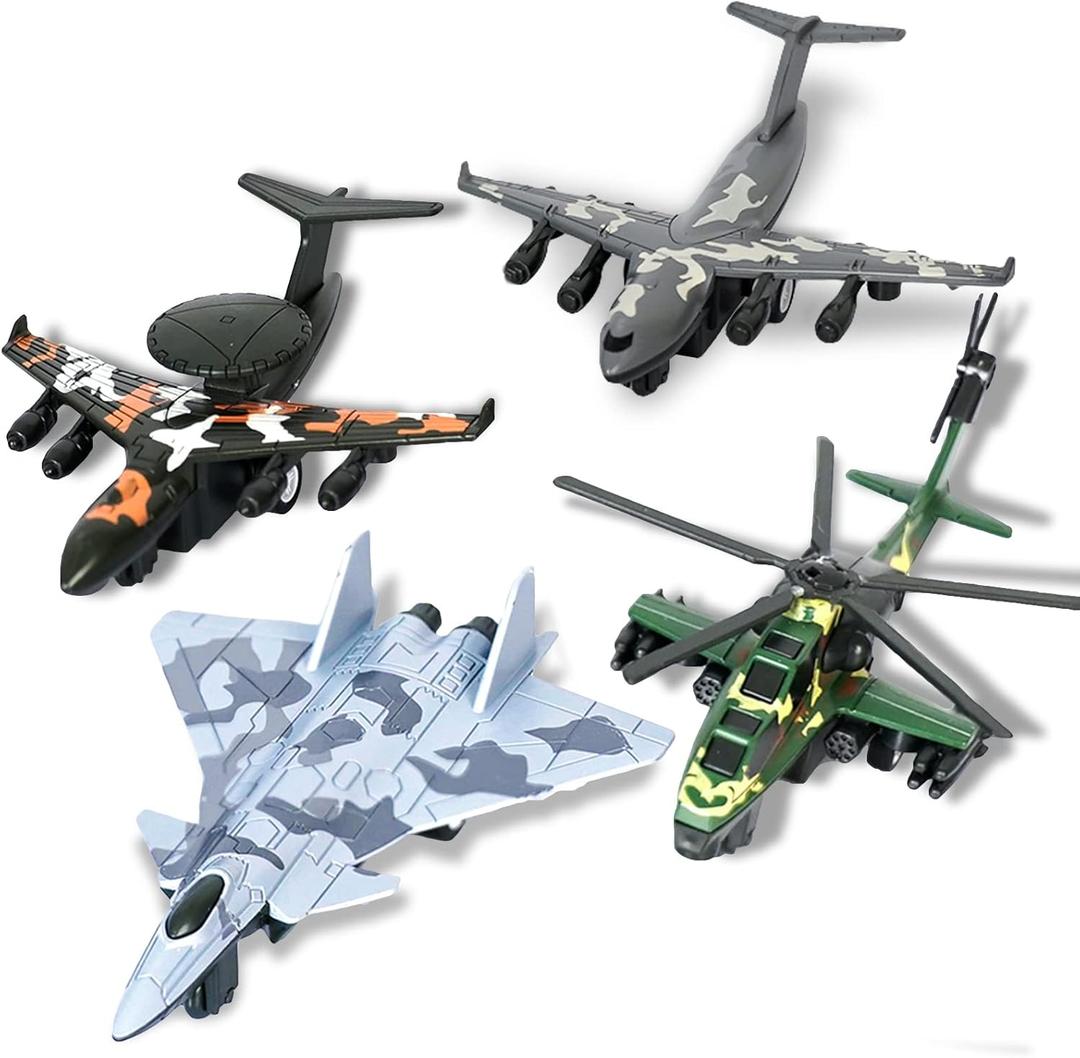 4PCS Army Airplane Toys Set-Diecast Aircraft Plane Model Kit Military Fighter Jet Playset Helicopter Camouflage Pull Back Aircraft Kids Play Vehicle for 3+Year Old Boys Girls