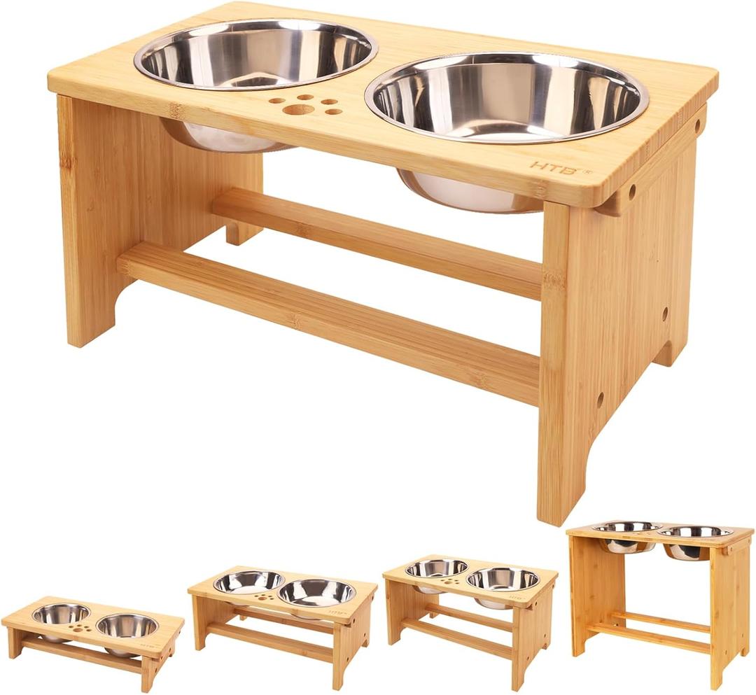 HTB Elevated Dog Bowls,Raised Dog Bowl Stand with 2 Stainless Steel Bowls,Elevated Raised Dog Bowls for Large Medium Small Sized Dogs (large-10"tall,48 Oz bowl, Bamboo)