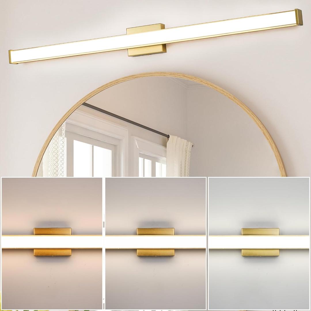 Modern LED Bathroom Vanity Light 48 inch 32W Dimmable 3CCT Bathroom Light Fixture Over Mirror Rectangle Bath Vanity Light Bar with Double Layer Acrylic Shade (Golden)