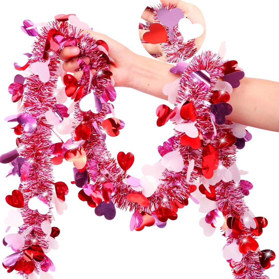 50 FT Valentines Day Garland Decor Red Pink White Heart Tinsel Garland Metallic Glitter Hanging Garlands Valentines Day Decorations for Tree Mantel Home Indoor Wedding Valentines Party Romantic Decor