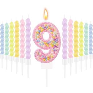 MTLEE Number 9 Birthday Candle with 12 Pcs Spiral Candles for Girls Macaron Pastel Rainbow Unicorn Pink Cake Topper for Sweet Theme Party Decoration