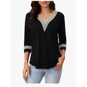 Womens Tops 3/4 Sleeve Shirts Casual Lace V Neck Blouses Loose Fit Dressy Basic T-Shirt, Size Small, Black 