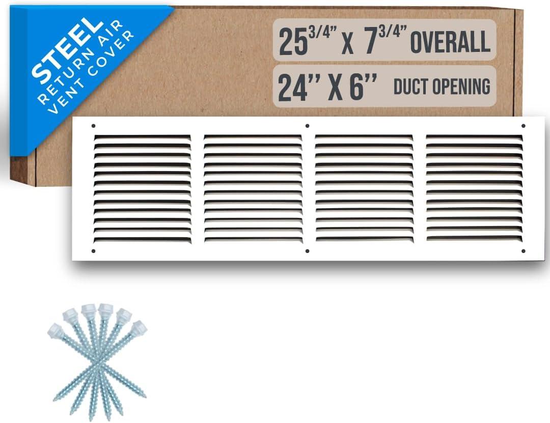 Fits 24x6 Duct Opening | Steel Return Air Grille by Handua | Vent Cover Grill for Sidewall and Ceiling | White | HVAC Cold Air Intake Grille | Outer Dimensions: 25.75"W X 7.75"
