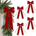 Christmas Bows for Gift Wrapping 8 X 14 Inch Long Velvet Ribbon Bows for Tree Wreath, Garland, Fireplace, Stairs, Mirror, Door, Holiday Crafts Decor, Pack of 4 (Red)