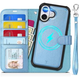 TUCCH Removable Case Wallet for iPhone 17 (6.3") 2025, Detachable Wrist Strap, Wireless Charging, Stand, 4 Card Holders RFID Blocking, 2-in-1 Magnetic, PU Leather Shockproof Cover, Pearly Light Blue