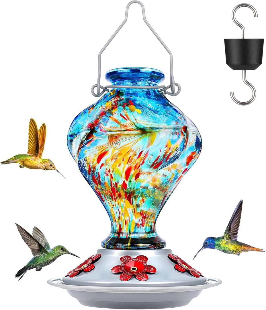 Hummingbird Feeder, BOLITE Glass Hummingbird Feeders for Outdoors Hanging, Hand Blown Twisted with Ant Moat, 5 Bee-Proof Ports, 360 Perch, Leak-Proof, 24oz, Blue, Gifts for Mom Dad Women Men