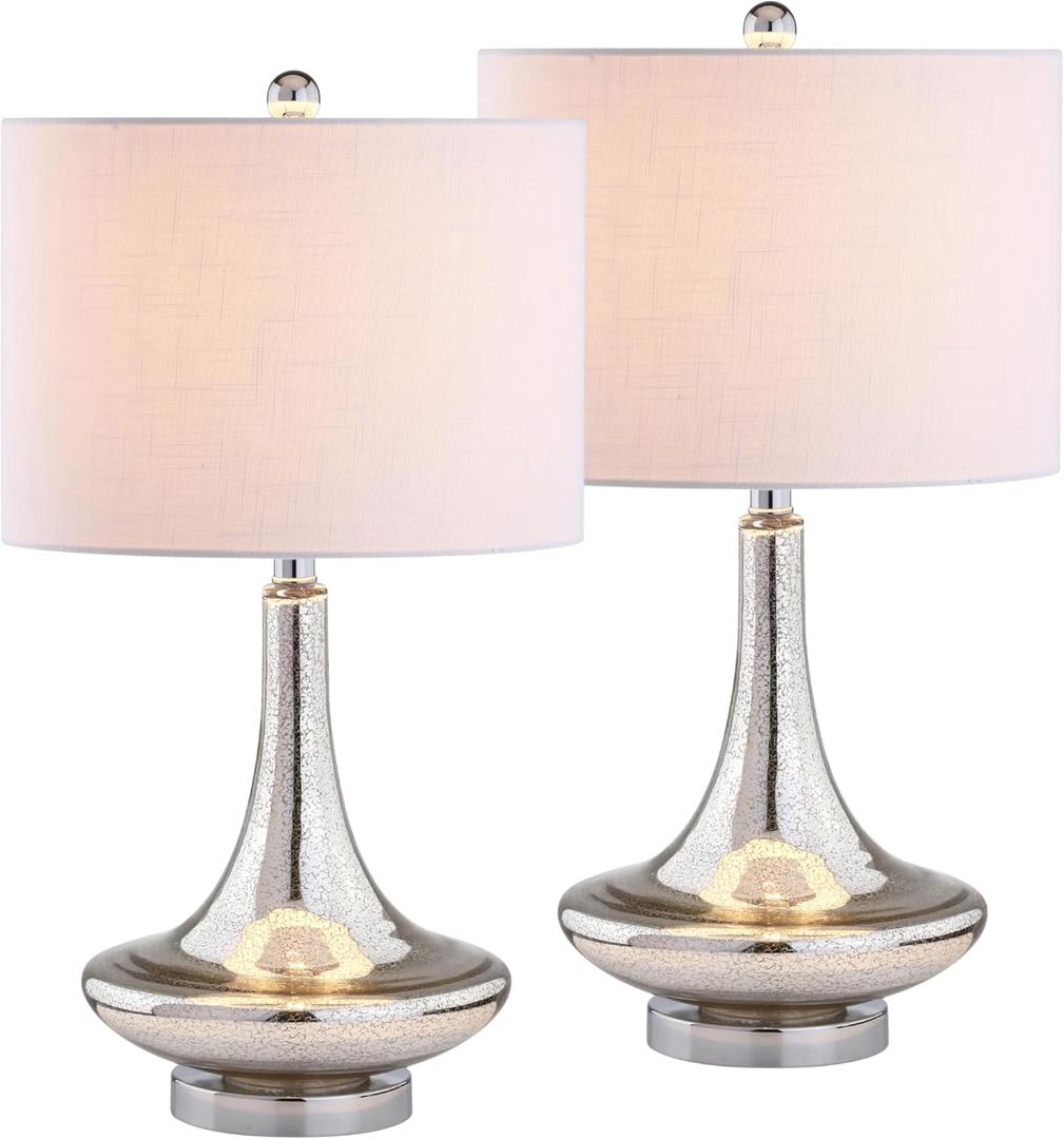 JONATHAN Y 25.5" Mercury Silver Glass Teardrop Table Lamp Set of 2 for Bedroom, Modern Bedside Lamps for Living Room, White Linen Drum Shade, LED Bulbs Included JYL1081A-SET2