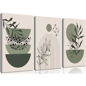 Sage Green Boho Wall Art Set of 3 Abstract Minimalist Geometric Line Poster Green Botanical Leaf Canvas Prints Modern Artwork Painting Decor for Living Room Bedroom Office 12x16 in Framed