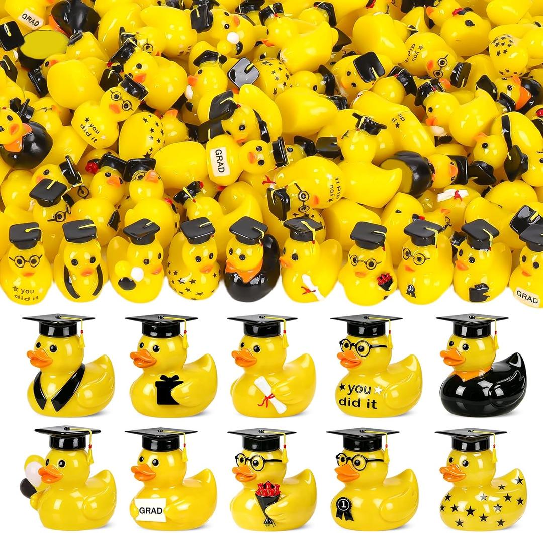 120 Pcs Graduation Mini Resin Ducks 10 Style Small Ducks Figures with graduate Cap Bulk Yellow Grad Ducks Class of 2026 for Graduation Party Favors Gift DIY Crafts Dollhouse Decor