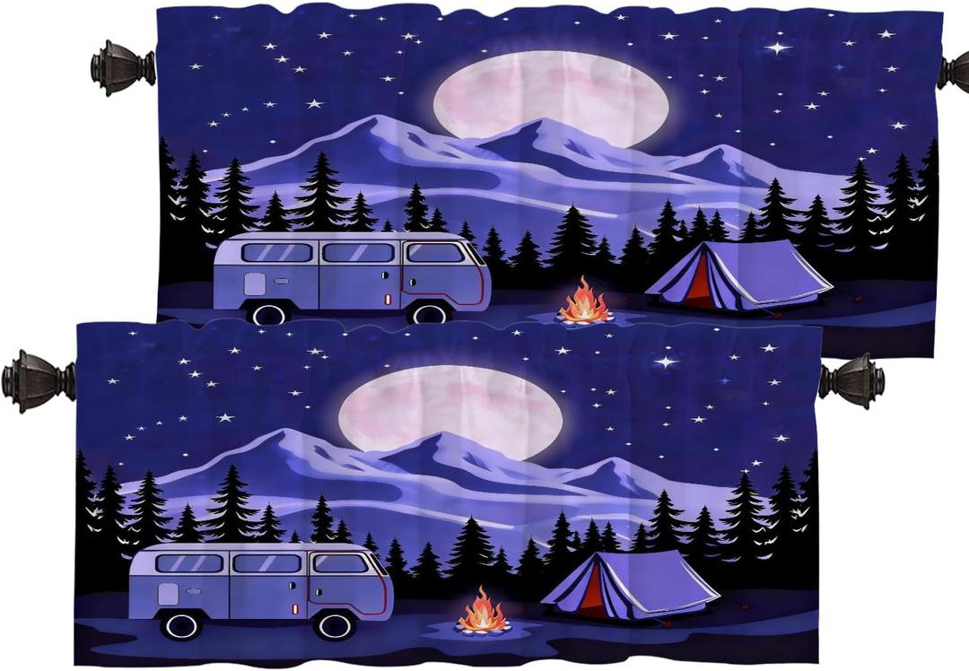 Batmerry Adventure Camping Kitchen Valances Half Window Curtain, Rv and Camping Camper Van Kitchen Tiers for Windows Bedroom Heat Insulated Drapes for Home Decor Reducing The Light,Set of 2