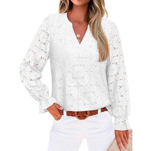 RUMIA Womens Blouses V Neck Eyelet Lace Tops with Lining Dressy Sheer Long Sleeve Shirts Embroidered Blouses 2026 Fashion (Large, All White)