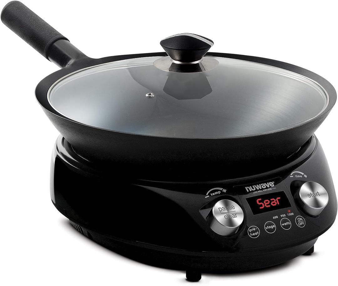 Nuwave Induction Wok, 3 Wattages 600, 900 & 1500, Precise Temp Controls from 100F to 575F in 5F, Infuse Complex Charred Aroma & Flavor, Authentic 14-inch Carbon Steel Wok Included, Wok Hei