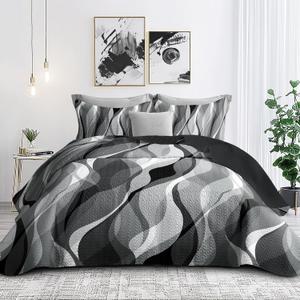 Weesire Classic Line Pattern Bedding Quilt Twin Size Modern Grey Black and White Stripe Quilt with Shams, Gray and White Comforter Sets Lightweight Breathable Bedspreads Coverlet, 68''x86''