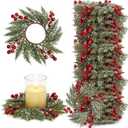24 Pcs Candle Rings Bulk, 3.7 Inch Xmas Artificial Candle Rings Wreath Cedar Berries Snowy Pine Needles, Pillar Ring Holder for Table Centerpiece Winter Home Party Kitchen Window