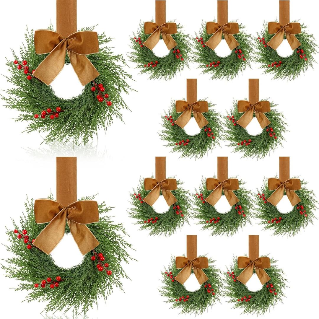 12 Pcs 9'' Small Christmas Kitchen Cabinet Wreaths with Plaid Bow Ribbon Mini Hanging Christmas Wreath Artificial Greenery Wreath for Front Door Porch Wall Window(Khaki Color)