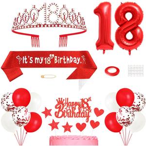 18th Birthday Decorations for Girls, Princess Crown Queen Tiara, It's My 18th Birthday Sash, 18 Year old Cake Topper, Number Balloons Set for Party Supplies, Red