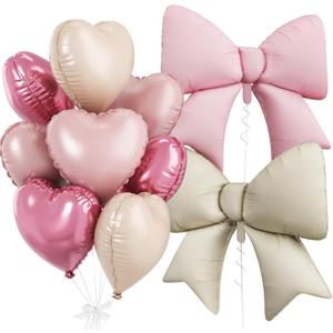 Pink White Heart Balloons, Foil Bow Balloons, 10Pcs 18 Inch Heart Shaped Balloon and 38 Inch Helium Pink Cream Bow Balloon for Girl Women Birthday Valentines Baby Shower Bridal Wedding Party Decor