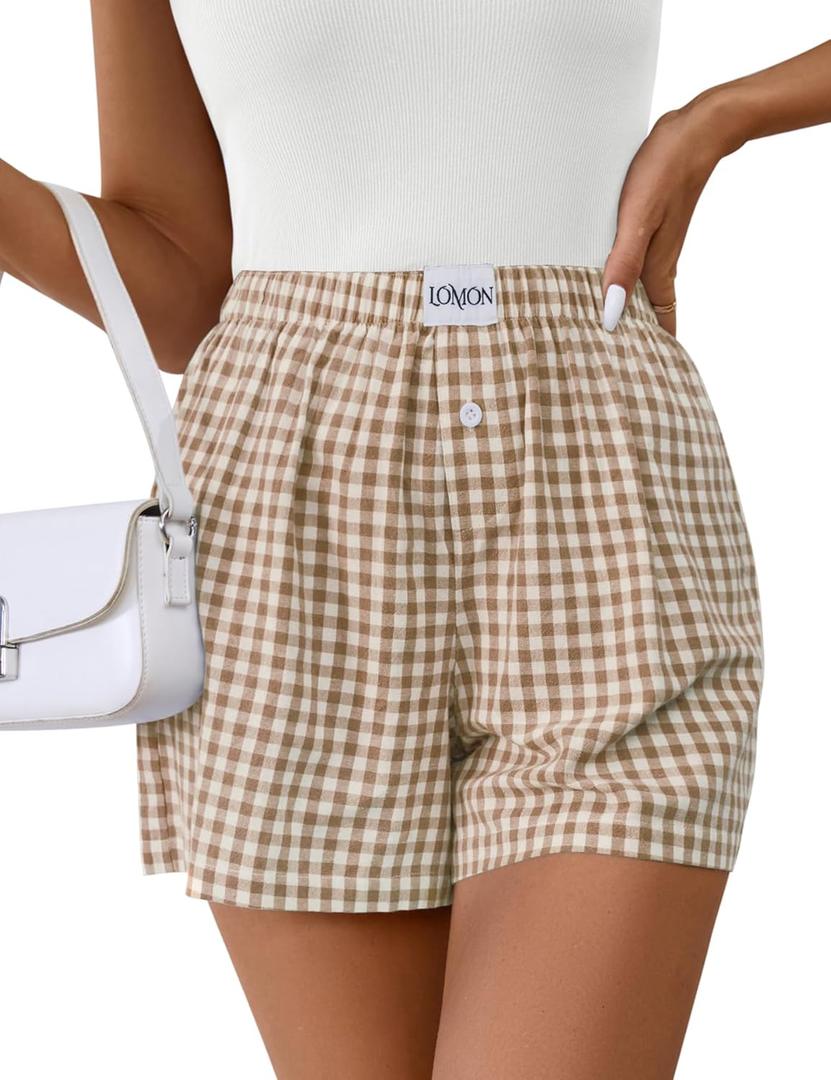 LOMON Womens Boxer Shorts Casual Summer Cotton Pajama Lounge Sleep Pj Gingham Plaid Shorts Y2K Beach Bottoms (Light Brown White Plaid S)