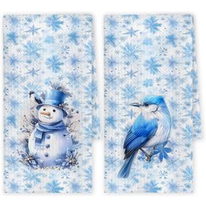 Chicimln Blue Winter Christmas Kitchen Towels, Christmas Snowman Bird Decorative Hand Towels for Bathroom, Winter Snowflake Xmas Dish Tea Towel Drying Cloth for Kitchen Decor, 16x24 Inch Set of 2