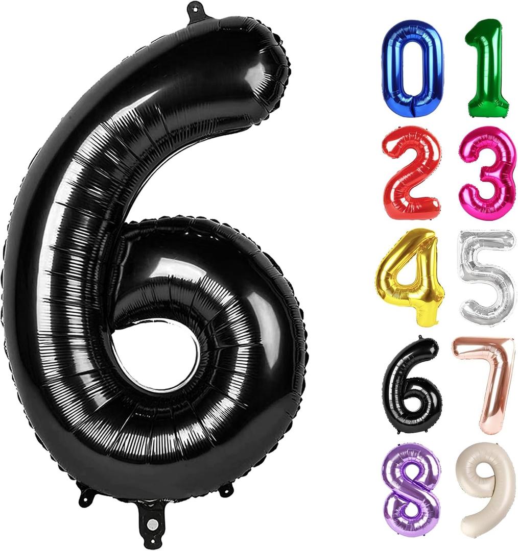 6 Balloon - Black Birthday Number Balloons, 40 Inch Large Foil Balloons for Men Women Boys Girs Black Themed Birthday Decorations