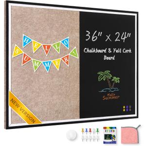 Magnetic Chalkboard Felt Bulletin Board Combination, 32"x24" Large Blackboard & Felt Cork Board Combo, Self-Adhesive Push Pins Vision Board for Home, School and Office