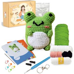 Ktmeor Crochet Kit for Beginners,Crochet Animal Kit for Beginners, Crochet Starter Kit with Step-by-Step Video Tutorials,DIY Knitting Supplies for Adults,40% Extra Practice Yarn-Frog