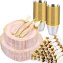 350 PCS Pink and Gold Plastic Plates, Plastic Dinnerware Set for 50 Guests, 100 Disposable Plates, 150 Silverwares, 50 Cups, 50 Napkins for Party, Wedding, Graduation