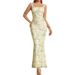 EYNMIN Women's Summer Floral Maxi Dress Square Neck Sleeveless Mesh Bodycon Long Wedding Guest Dresses (Green, XL)