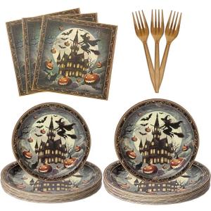 25 Sets Halloween Party Supplies: Disposable Dinner Plates (9in & 7in), Forks, Napkins - Complete Spooky Tableware Set for 25 Guests (Gold)