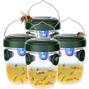 Wasp Traps Outdoor Hanging 4 Packs, Solar Powered Carpenter Bee Trap Yellow Jacket Hornet Catcher with LED Light, Reusable Wasp Deterrent Outdoor for Garden, Patio, Backyard, Camping