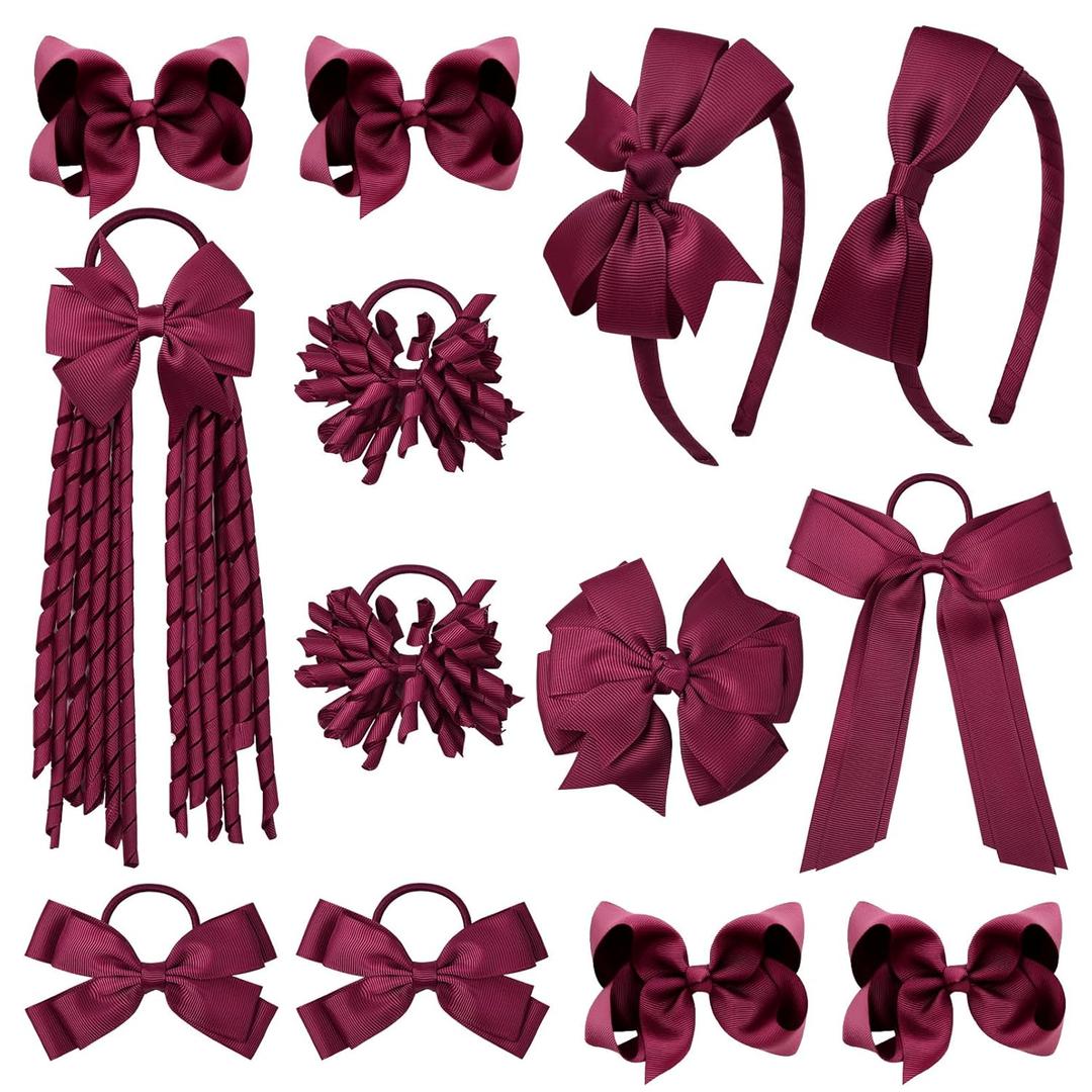 DEEKA Burgundy School Hair Accessories Set 13 Pcs Uniform Hair Bow Headband Clips Hair Ties Curly Korker Bows for Little Toddler School Girls (Burgundy)
