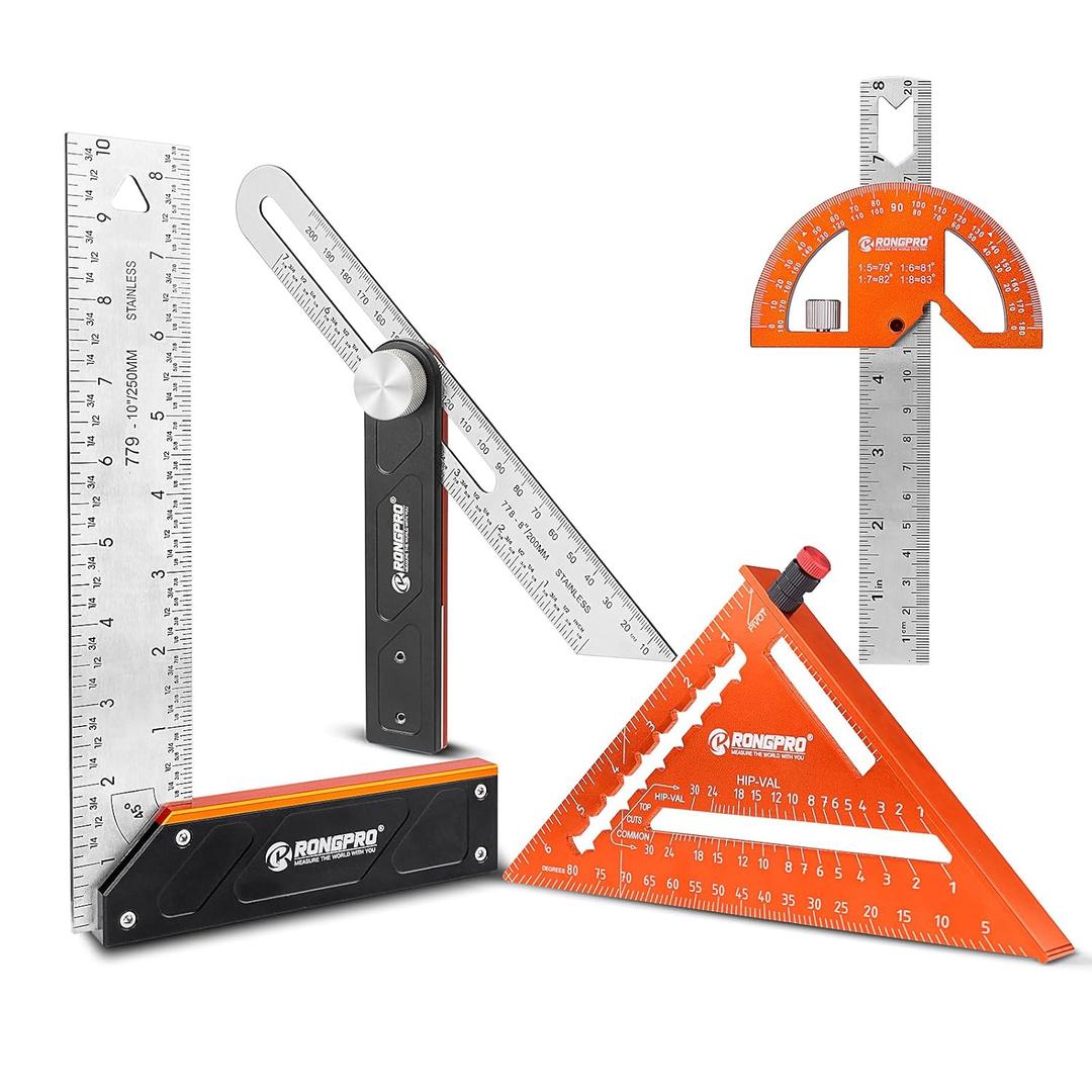 4Pcs Woodworking Tools -7''Aluminum Rafter Square,12''Adjustable Protractor Angle Finder,10'Woodworking Square Ruler and T-Bevel Gauge-1/16 Precision