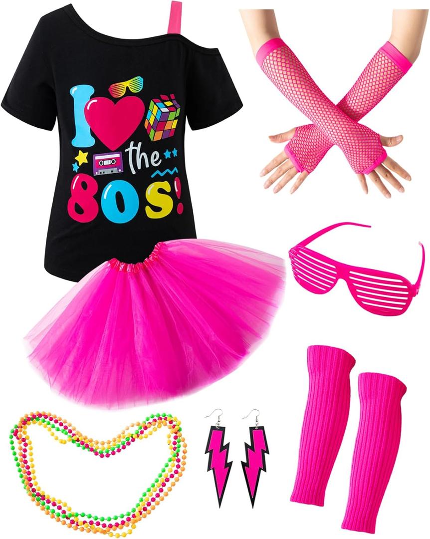 LATOBREATH Girls 80s Glow Party Accessories Set Halloween Costume Outfits T-Shirt Cosplay 1980s Clothing Funny (Black) 5T