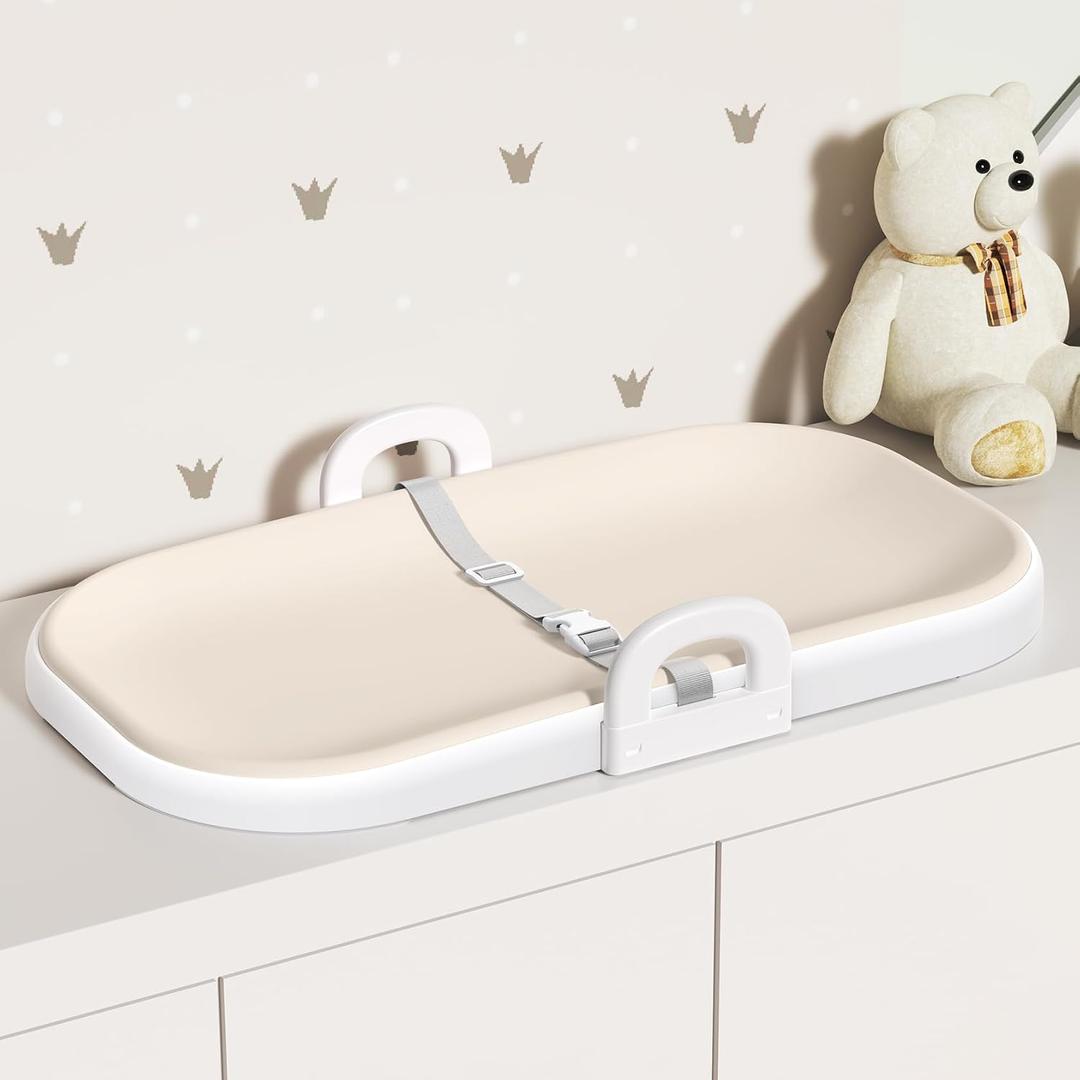 Xaproo Baby Changing Pad, Soft EVA Wipeable Diaper Changing Pad with Adjustable Crib Clips, Non-Slip Changing Table Pad with Safety Strap & Side Handles, Fits Cribs, Dressers & Changing Tables, Beige