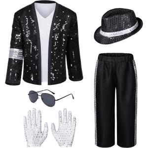 Dance Star Kids Costume for Boys 80s 90s Pop Stage Cosplay Party Halloween Role Play Black 8-10 Years
