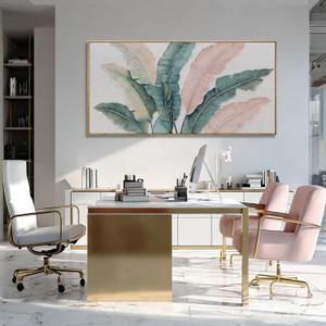 Green and Pink Tropical Leaf Wall Picture 29x58 Inch, Large Framed Artwork with Wooden Frame, Modern Botanical Home Accents for Bedroom Dining Room or Hallway
