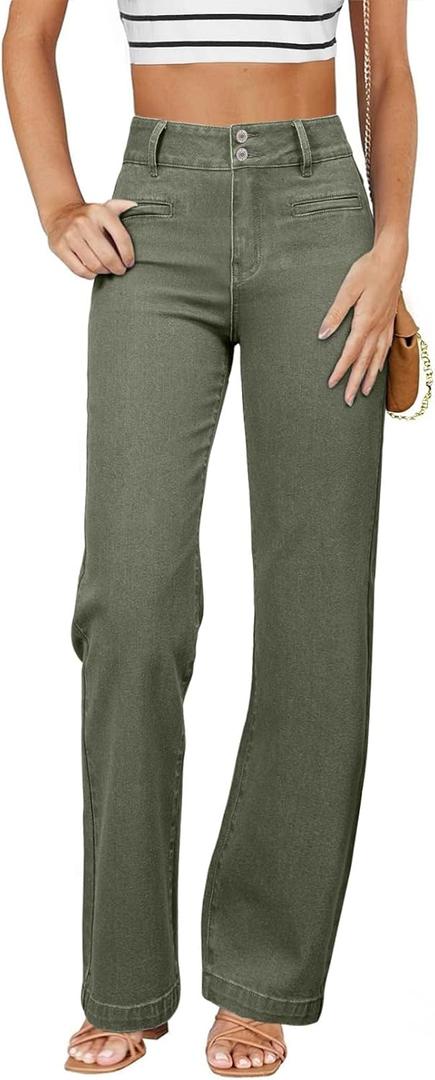 Sidefeel Women's Jeans High Waisted Straight Leg Stretchy Jeans Trendy Loose Wide Leg Zimbaplatinum Denim Pants with Pockets (14, Green)