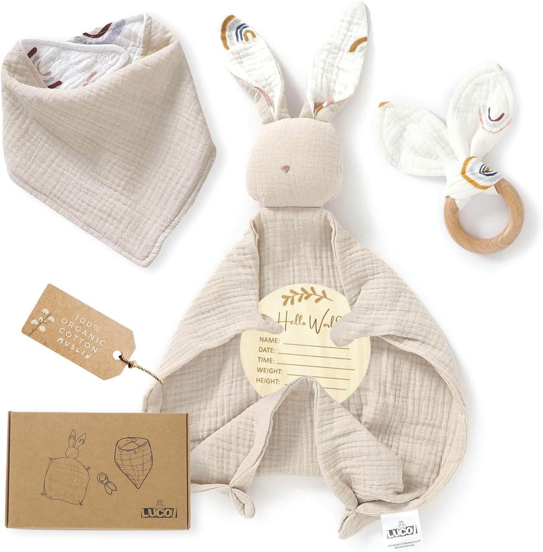LUCOI Organic Cotton Newborn Baby Gift Set - Muslin Baby Lovey Comforter, Baby Bandana Drool Bib, Wooden Baby Teether & Baby Milestone Card - Gender Neutral Baby Shower Gifts, Baby Welcome Box