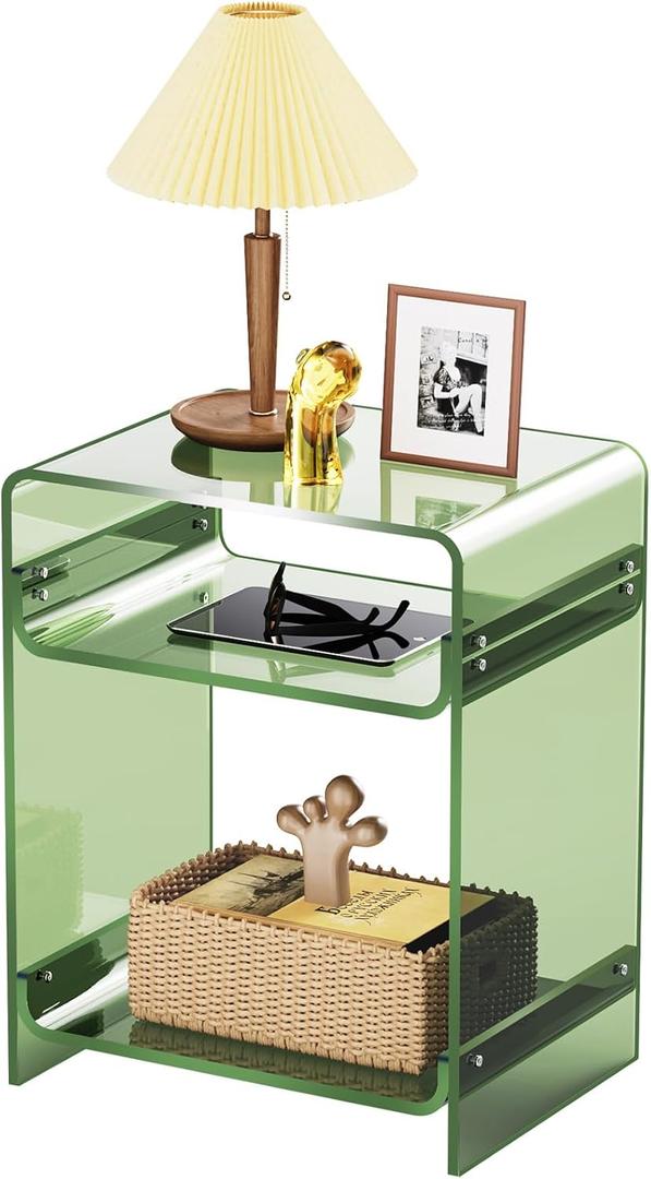 Acrylic End Table Record Player Table with Storage Shelf Clear Side Table Nightstand (15.7x19.7x11.8) (Green)