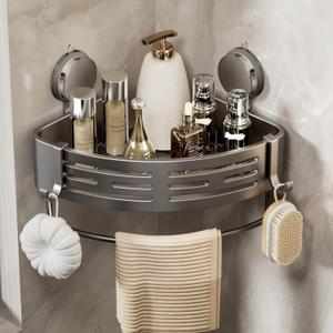 VOLPONE Shower Caddy Corner Suction Cup Shower Shelf Corner No Drilling Bathroom Shower Organizer Storage Rack Adhesive (1-Pack, Gray) (Triangle-with Towel Bar 1 Tier(Gray))